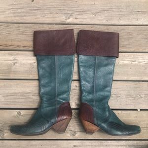 John Fluevog knee / over-the-knee teal and brown boots, size 10.5